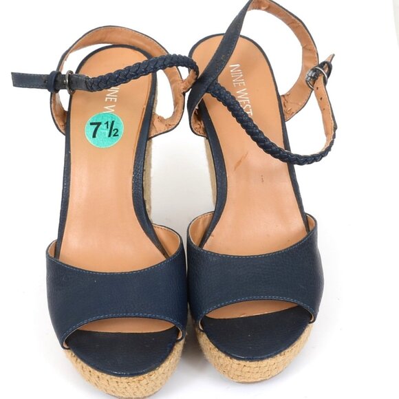 Nine West Womens 7.5 Espadrille High Wedge Heels Open Toe Nautical Vegan Leather - Picture 6 of 7